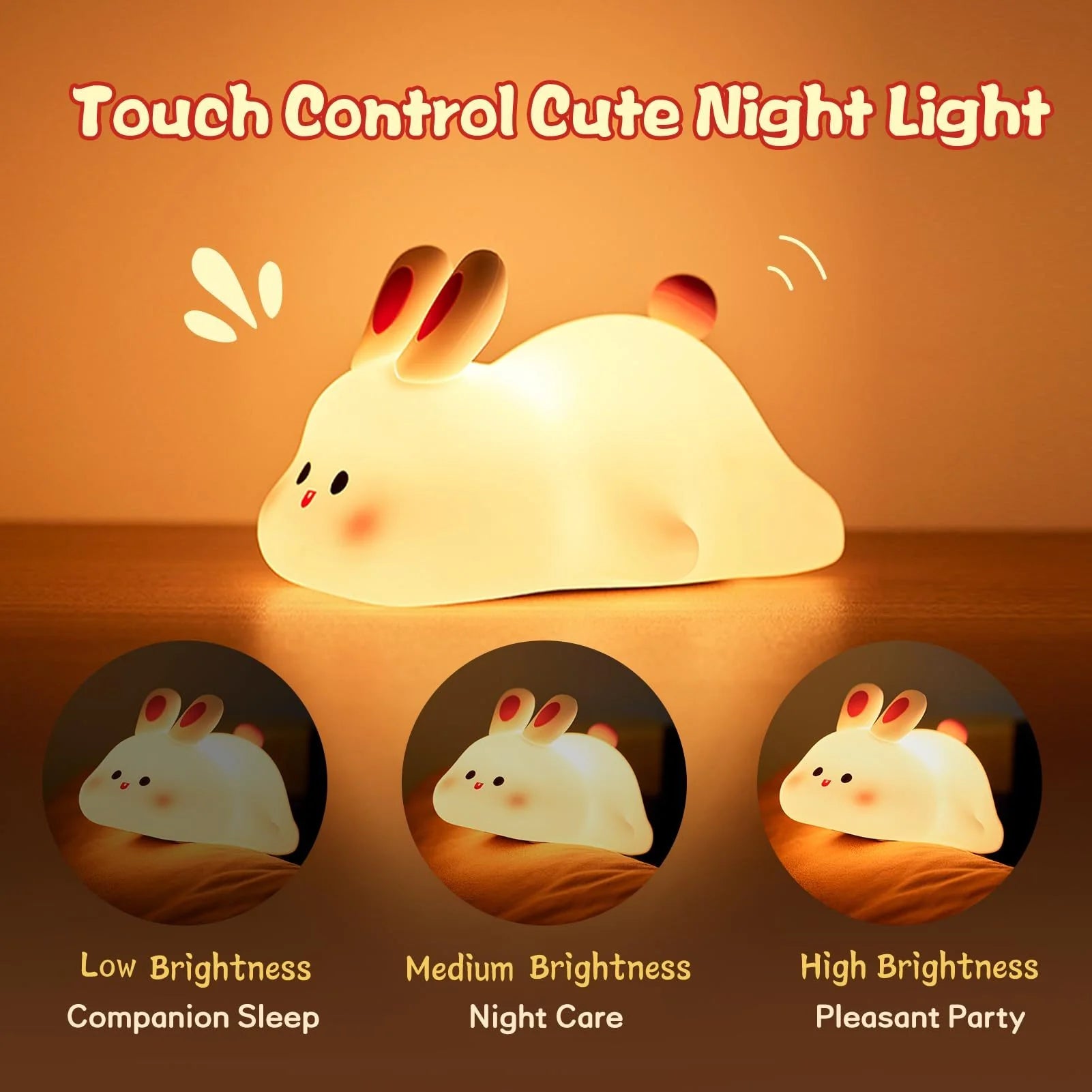 Adorable Touch Sensor LED Night Light - Cartoon Big Face Rabbit Silicone Lamp for Kids - Perfect Christmas Gift & Home Decor