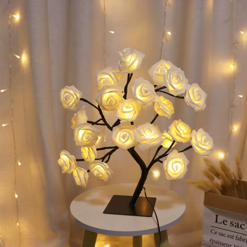 36LED/108LED Table Lamp with Rose Light String, USB-Powered Tree Night Lights for Elegant Summer Decor and Special Occasions