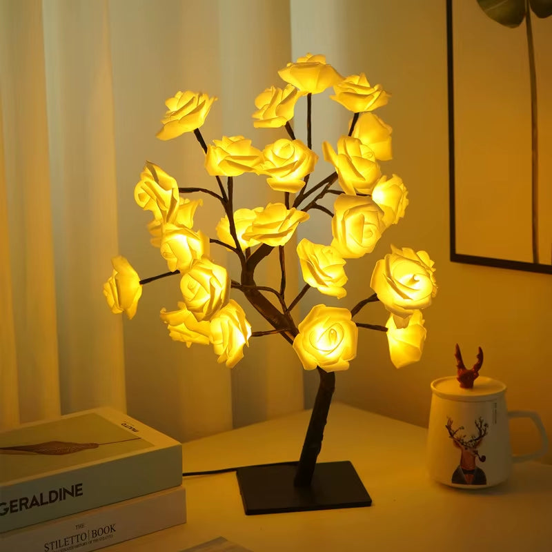 36LED/108LED Table Lamp with Rose Light String, USB-Powered Tree Night Lights for Elegant Summer Decor and Special Occasions